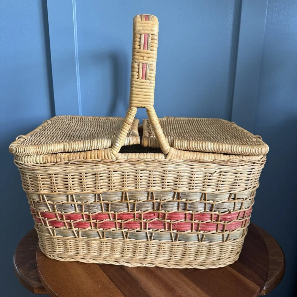 Vintage Wicker Picnic Market Basket Double Lid Terracotta Sage Large
